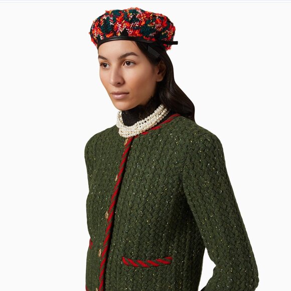 GUCCI BERET CHECK LAME TWEED WOOL BLEND HAT w G LOGO $610 sz S 56cm main image 7